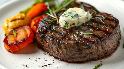 Poster - A close-up shot of a juicy, medium-rare grilled steak, garnished with fresh rosemary and a pat of melting herb butter, on a white plate with a side of grilled vegetables