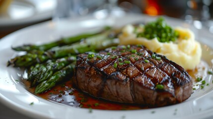 Wall Mural -  grilled steak, cooked to perfection, with a side of mashed potatoes and steamed asparagus, set on a restaurant table with elegant place settings