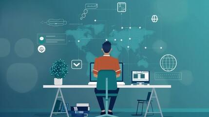 Poster - Using laptop technology, students learn through online classes, e-learning, online training, tutoring, video tutorials, and online courses