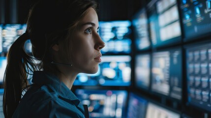 Poster - She works with multiple displays in the monitoring room. Close-up shot.