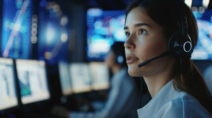 Poster - An Air Traffic Control/ Power Plant/ Security Room Theme is displayed in a System Control Center with a woman working in a Technical Support Team utilizing headsets to provide instructions.