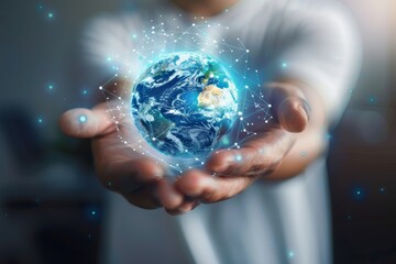Poster - Global connection concept held in hand by a businessman.