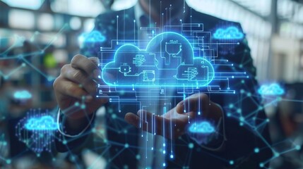 Poster - Work on a Cloud Computing diagram by a businessman