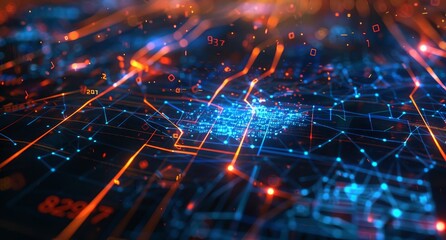 Poster - With a blue background, a block chain network/Blockchain network concept, Distributed register technology and block chain text appear on a block chain network.