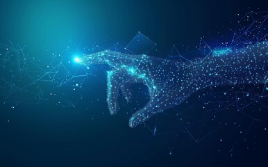 Poster - human hand touching on glowing dot abstract modern illustration against dark blue technological back