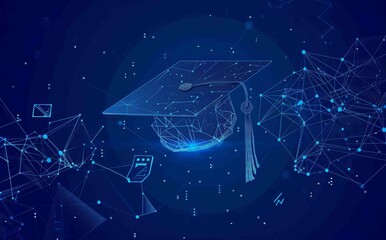 Poster - Artificial intelligence education or machine learning background. Abstract digital-tech background. AI chip and graduate hat in blue with light neon effects. Low poly wireframe illustration.