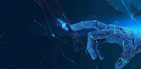 Poster - Artificial Intelligence chip in a human hand. Humanoid holding AI processor in hand. Technology innovation background. Low poly wireframe modern 3D illustration.