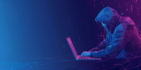 Poster - Digital anonymous hacker with light blue laptop and artificial intelligence chip. Technology electronics background. Computer chip and glitch data flow. Tech artificial intelligence background.