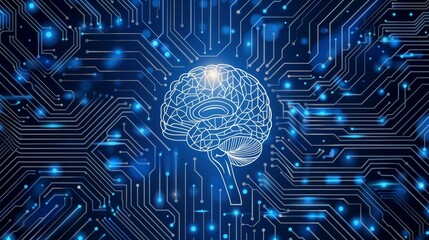 Poster - Digital AI chip integrated into abstract technology brain on dark blue background. Low poly wireframe AI mind. Artificial Intelligence concept illustration. Modern illustration with light neon