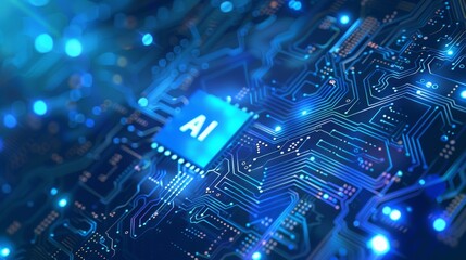 Poster - Artificial intelligence chip background with circuit line light elements. Technology blue background. Circuit board, artificial intelligence semiconductor, and computer processor. Abstract polygonal