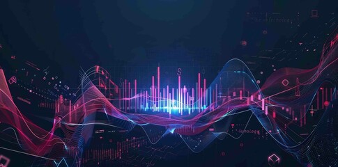 Poster - The AI chip and the stock market candlesticks in low poly wireframe in tech blue. The stock market and artificial intelligence background. The forex market and the AI microchip or processor. Modern
