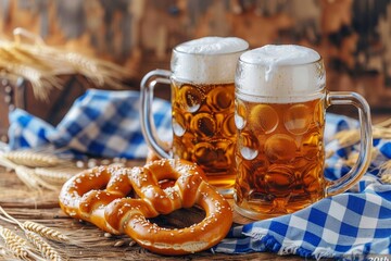 An Oktoberfest tent with beer mugs and pretzels on a wooden table. Beer festival.