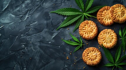 Poster - CBD dessert on dark background with hemp biscuits and cannabis leaf Overhead view with space for text