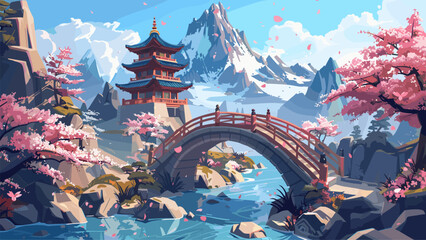 Japanese Pagoda Cherry Blossoms Stone Bridge River Mountains Landscape Cartoon Background Traditional Architecture Oriental Style Nature Scene Japan Illustration