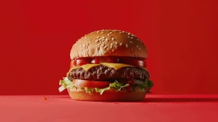 Poster - Gigantic hamburger showcasing its impressive size against a bright red background, a treat for burger enthusiasts