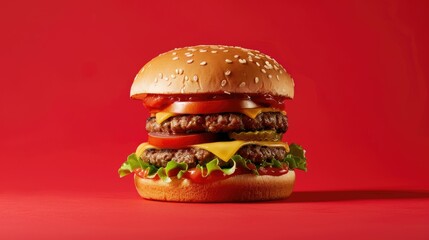 Poster - Gigantic hamburger showcasing its towering size against a vibrant red background, a feast for hungry eyes