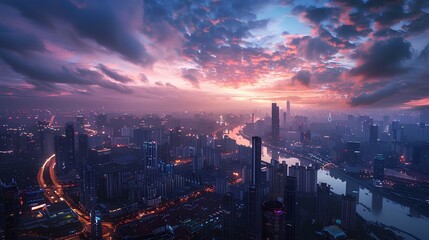 Poster - Sunset Over City Skyline with Time Clouds