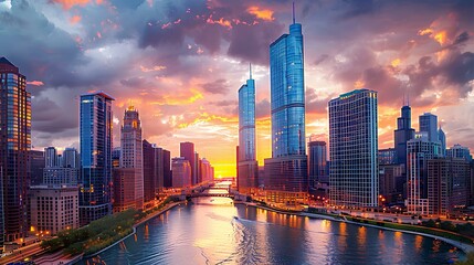 Sticker - Cityscape blending night and sunset, with illuminated skyscrapers reflecting on a river