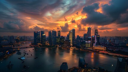 Sticker - City skyline at sunset with skyscrapers and a river, capturing the beauty of the urban landscape and the colors of dusk