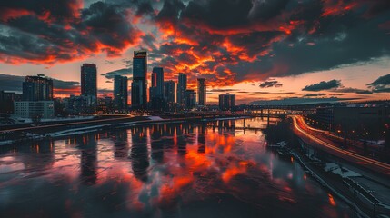 Sticker - Sunset over the river with a city skyline