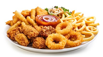Wall Mural - Plate filled with crispy onion rings, golden fries, chicken nuggets, and fried chicken, isolated for a mouthwatering visual display