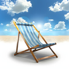 Wall Mural - beach vacation concept with chair and blue sky isolated on white background, text area, png