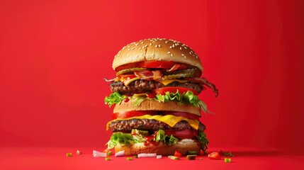 Poster - Tall and delicious burger piled high with savory ingredients set against a bright red background, a burger lover's dream