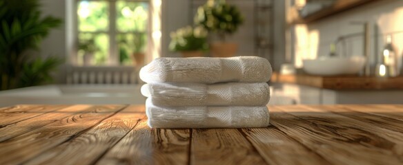 Wall Mural - Stacked White Towels on Wooden Table in Bathroom With Window