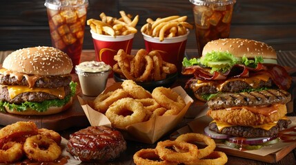 Variety of popular fast food options such as burgers, onion rings, and soft drinks, ready for indulgence