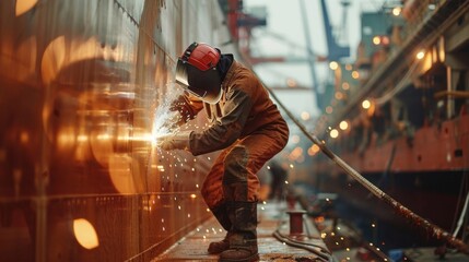 Robotic welders working on a ship's hull, showcasing advanced welding techniques in a modern shipyard, emphasizing precision and efficiency. 