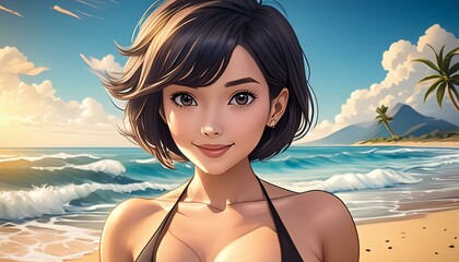 woman with short hair and black bikini on the beach, cartoon style