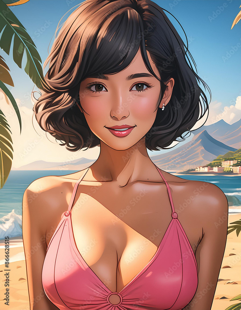 woman-with-short-hair-and-pink-bikini-on-the-beach-cartoon-style-stock