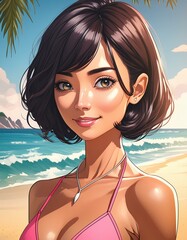 woman with short hair and pink bikini on the beach, cartoon style