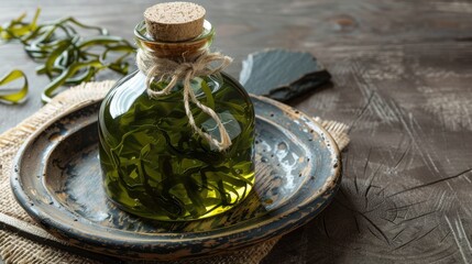 Wall Mural - Innovative superfood ingredient Seaweed and algae oil in glass bottle with live seaweed in water tied with jute thread on plate with wooden label against brown paper backdrop