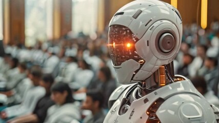 Leinwandbilder - A white humanoid robot stands in front of a blurred audience, its head turned slightly, as if delivering a speech.