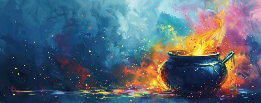 Watercolor illustration of a witch's cauldron bubbling with magic