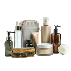 a collection of modern skincare and beauty products, including bottles, jars, and a brush, arranged 