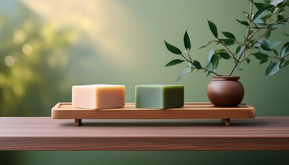 Simple yet elegant display of two soaps on a shelf, natural setting with wood, terra, green colors, minimal plant and ceramic decor