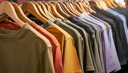 T-shirts of different colors hanging on a hanger in a store close-up