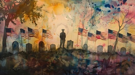 Memorial Day tribute: A solemn watercolor painting showcases a cemetery landscape adorned with American flags and a soldier's silhouette on a grave, honoring the sacrifice of the fallen