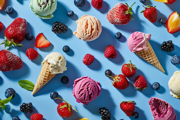 Various types of ice cream and berries are artfully displayed against an electric blue background, creating a vibrant and refreshing scene reminiscent of summer fun