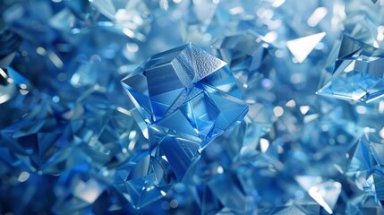 Poster - Detailed 3D render of abstract blue crystal background with faceted texture, macro panorama, and wide panorama polygonal wallpaper