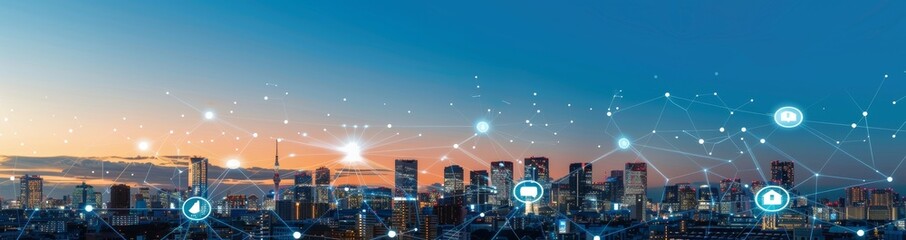 Poster - Panorama aerial view of the cityscape skyline with smart services and icons, internet of things, networks and augmented reality concept, early morning sunrise scene.