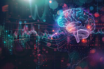 Poster - Human brain rendering on a technology background in 3D