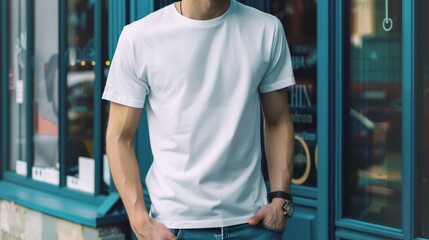 Wall Mural - A man in a plain white t-shirt stands in front of a window