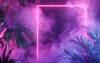 Wall Mural - Abstract background with neon lights and bokeh. Silhouettes of tropical leaves.