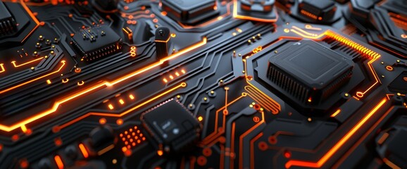 Poster - 3d rendering of a printed circuit board futuristic server and a circuit board futuristic server. ora