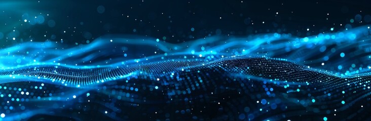 Poster - Stream of dots flowing across a digital dynamic wave. Structure of network connections. 3D rendering.