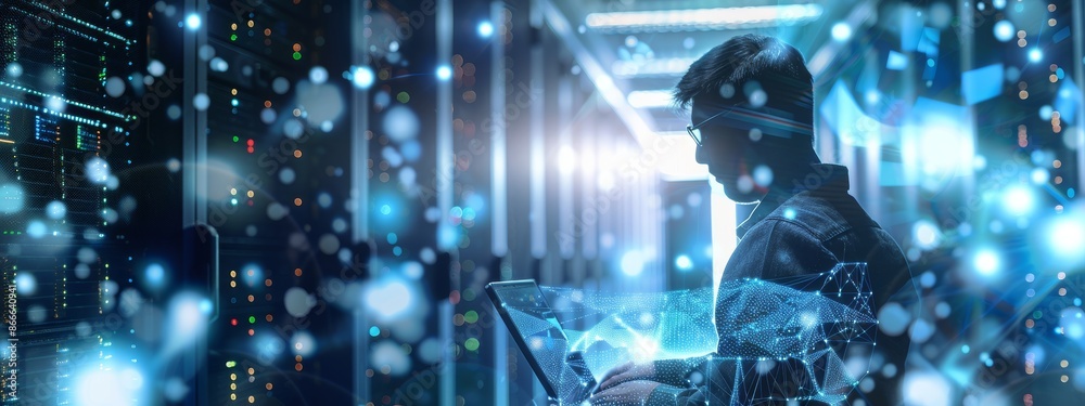 Computer engineer with server room, data center, and big data storage ...