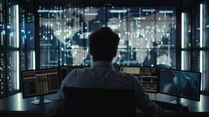 Poster - various technical information is on multiple displays at the workstation of the technical controller